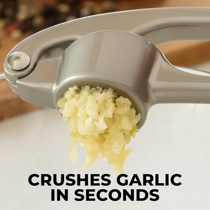 Heavy Duty Garlic Press with Zinc Alloy Handle & Stainless Steel Chamber, 61 Holes Garlic Mincer & Crusher, No Peeling Required, Includes Silicone Garlic Peeler & Cleaning Brush, Silver