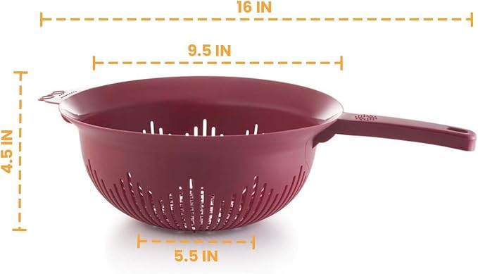 YBM Home 9.75 Inch Deep Plastic Strainer Colander with Long Handle – Made of Food Safe BPA-Free Plastic - Use for Pasta, Noodles, Spaghetti, Vegetables and More (1, Red)