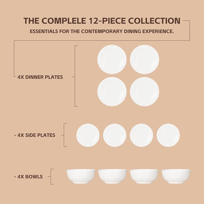 FHGNYSM Ivory Bone China Dinnerware Set for 4, | microwave and dishwasher safe, 1800°F vitrified dishes, BPA free dinnerware for Kitchen, Wedding and Housewarming