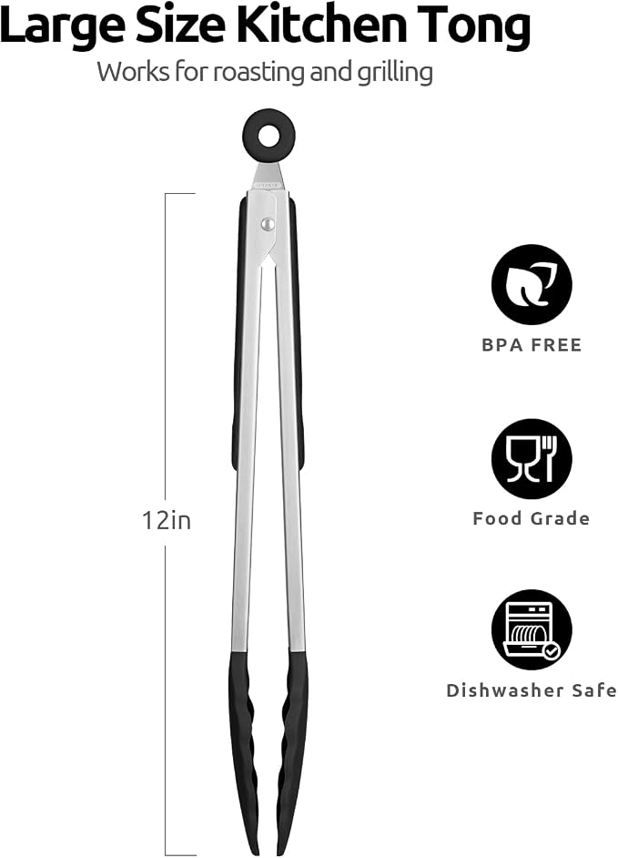 U-Taste Kitchen Tong for Cooking, 600ºF Heat-Resistant Silicone, 12in/Black | Large Tongs for Serving Food, Big Rubber Tong for Grill/BBQ, Silicon Tips & 18/8 Stainless Steel Handle, Smooth Locking
