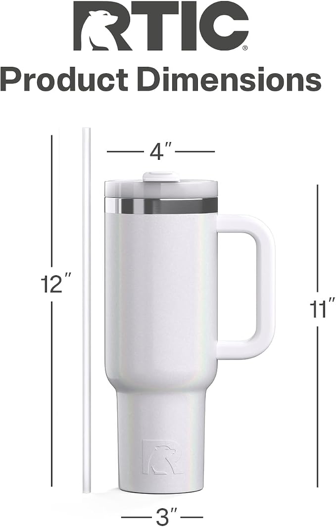 RTIC 40oz Road Trip Tumbler, Insulated, Ceramic Lined, White Glitter | with Lid, Handle and Straw, Stainless Steel Metal Cup, Portable for Hot and Cold Drinks, Coffee, Car, Camping, Travel