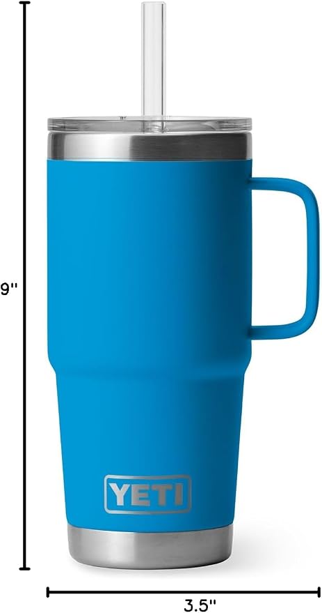 YETI Rambler 25 oz Tumbler with Handle and Straw Lid, Travel Mug Water Tumbler, Vacuum Insulated Cup with Handle, Stainless Steel, Big Wave Blue
