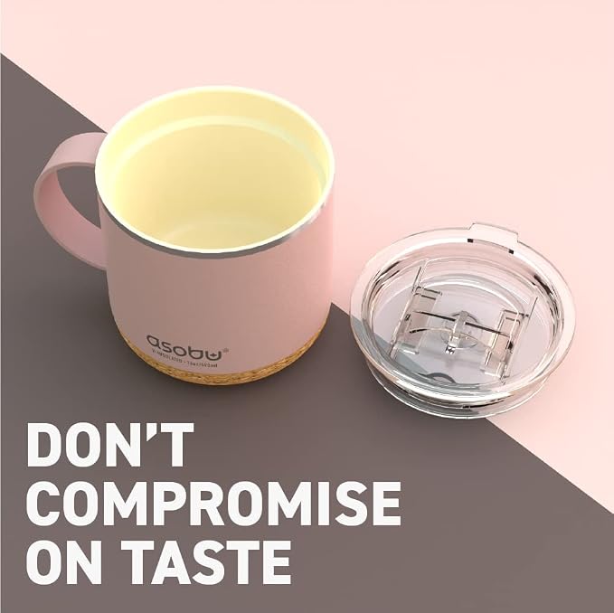 asobu Infinite Stainless Steel Insulated Coffee Mug with Inner Ceramic Coating and Cork Coaster 16 Ounce (Powdered Pink)