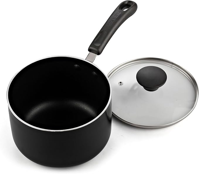 Cook N Home Basic 3 Quart Nonstick Saucepan with Glass Lid, Non Stick Aluminum Sauce Pan, Multi-Purpose Milk Chocolate Cooking Pot with Stay-Cool Handle, Black | Nonstick Aluminum Sauce Pan, Multi-Purpose Milk Chocolate Cooking Pot with Stay-Cool Handle