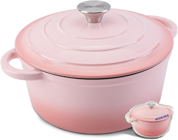 7-QT Enameled Cast Iron Round Dutch Oven With Lid,Oven safe,Pink | Large enameled cast iron Dutch oven,Retains moisture,PFAS-free,500°F,sourdough,braising/stews/roasting,Housewarming Gift