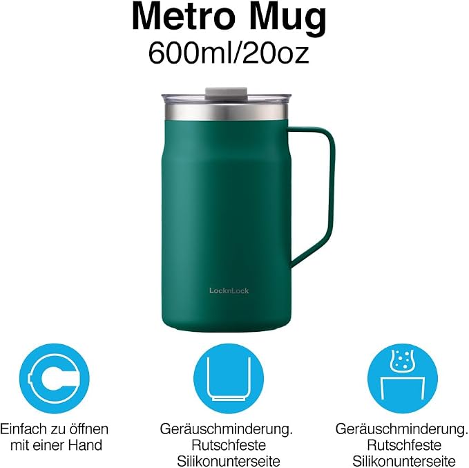 LocknLock Metro Mug, Premium 18/8 Stainless Steel Metal, Double Wall Insulated, Portable Coffee Cup with Lid and Handle for Hot and Cold Drinks, Blue, 20 oz