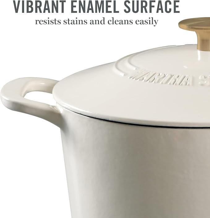 MARTHA STEWART Gatwick 7-Quart Enamel Cast Iron Dutch Oven – Linen White With Gold – Heavy-Duty Dutch Oven for Slow Cooking, Braising & Baking