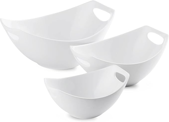 LAUCHUH Serving Bowls with Handles, Porcelain Serving Dishes Nesting Bowls | Mixing Bowls Set Salad Bowls for Entertaining, Thanksgiving, Baby Shower, Party, Set of 3, Microwave Safe, 15/28/49 oz, White
