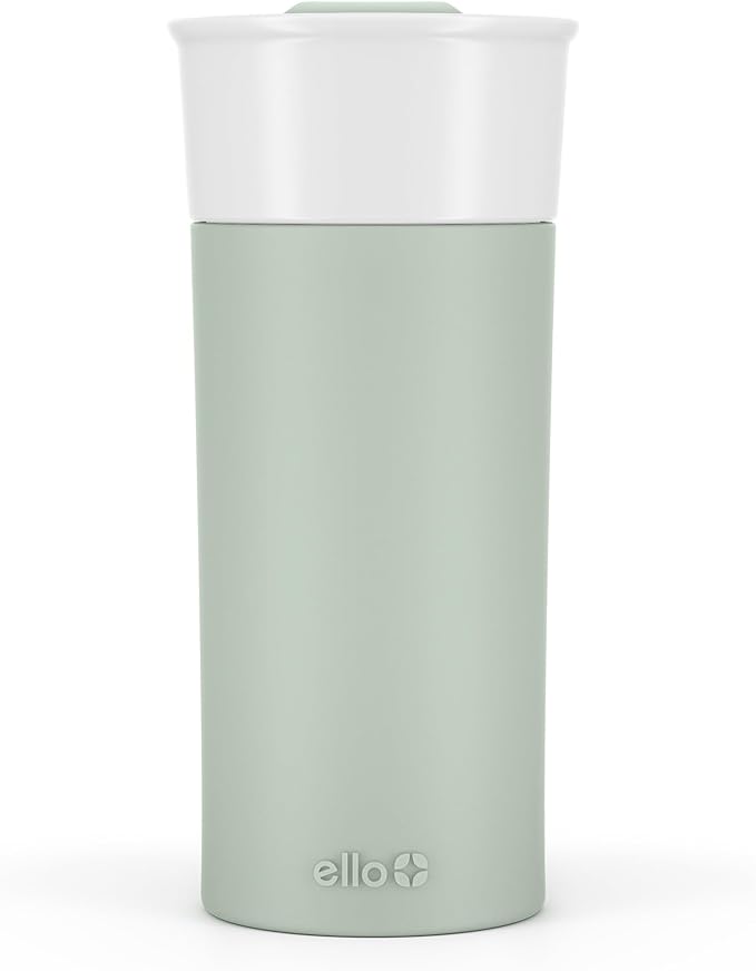 Ello Ogden 16oz Ceramic Travel Mug with Slider Lid and Sleeve, Honeydew | Splash-resistant ceramic travel mug with slider lid and protective silicone sleeve. BPA-free, great for coffee and tea.