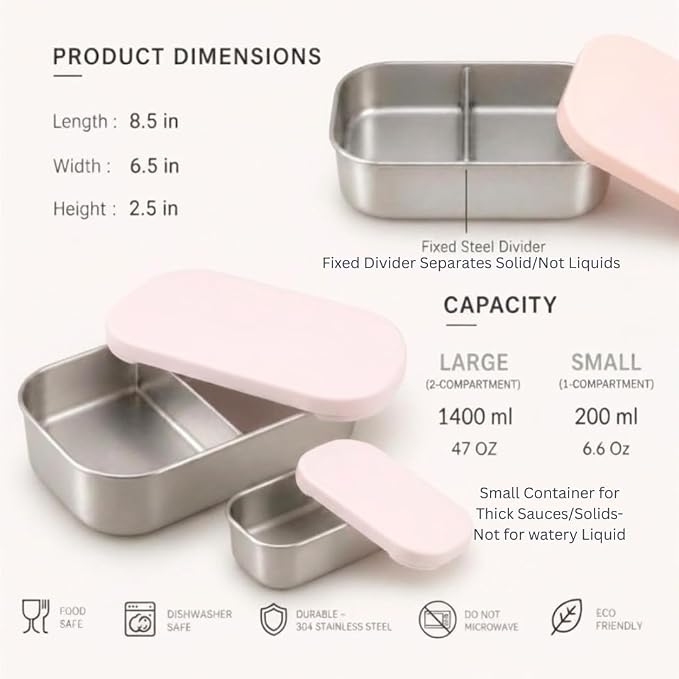 Flexibento - Leak proof 47 OZ Stainless Steel Lunch Box Containers with Silicone Lids, Bento Box,Metal lunch Box, Pink-47 OZ-Set Of 2