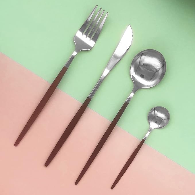 Silver Silverware Set, 24-Piece Stainless Steel Flatware Set Service For 6, Mirror Polished Red Handle Tableware Cutlery Set Knife Fork And Spoon For Home & Restaurant, Dishwasher Safe