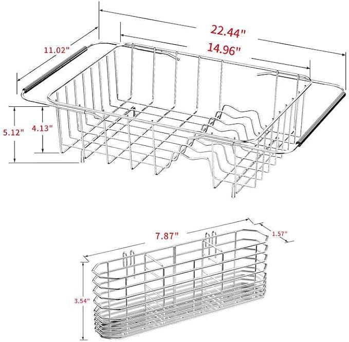 JAQ Over Sink Dish Drying Rack, Expandable 14.96"–22.44" Adjustable Dish Rack for Kitchen Sink, 304 Stainless Steel Dish Drainer with Utensil Holder, Space Saving for Most Standard Kitchen Sinks