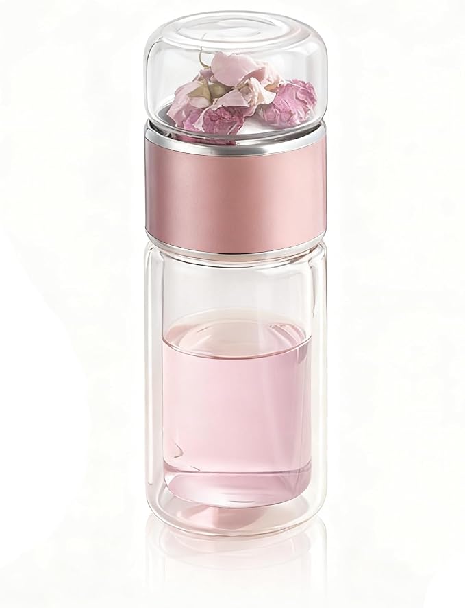 Yosoo Health Gear Tea Infuser Bottle 420ml Double Layer Stainless Steel Leak Proof Separating Bottle Reusable Glass Water Bottle for Office Travel Home Rose Gold