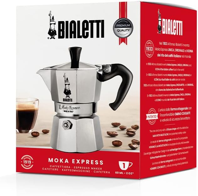 Bialetti - Moka Express: Iconic Stovetop Espresso Maker, Makes Real Italian Coffee, Moka Pot 1 Cup (2 Oz - 60 Ml), Aluminium, Silver