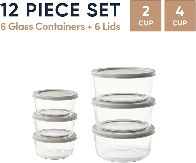 12-Piece Glass Food Storage Containers Set (6 Containers + 6 BPA-Free Lids) | 2-Cup & 4-Cup, Leakproof | Microwave, Freezer, Oven & Dishwasher Safe | Ideal for Meal Prep & Pantry Organization, Grey