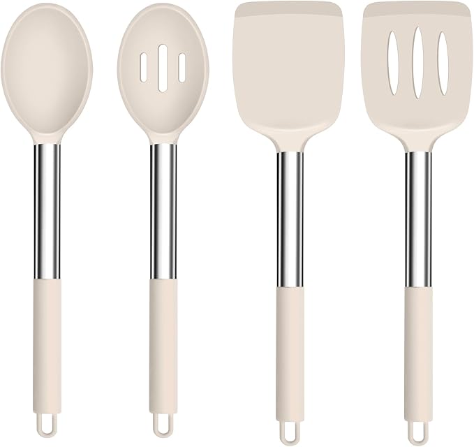 TeamFar Kitchen Utensils, 4 PCS Silicone Cooking Utensils Spatula Spoon Set | with Stainless Steel Handle, for Frying Mixing Draining Turning, Healthy & Heat-proof, Non-stick & Dishwasher Safe - Khaki