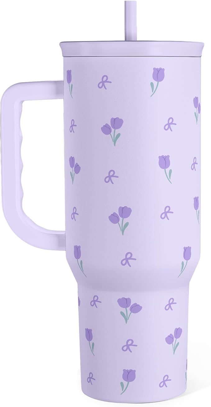 Floral 40oz Tumbler with Handle and Straw – Tulip Insulated Stainless Steel Travel Coffee Mug for Women Girls, Floral Gift Idea for Birthday Christmas Mothers Day