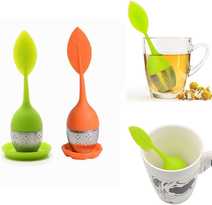 Tea Infuser Filter, Silicone Handle Loose Tea Infuser Tea Strainer, Stainless Steel Tea Ball Strainer with Leaf shaped for Tea Cups, Mugs, Teapots (Green Orange)