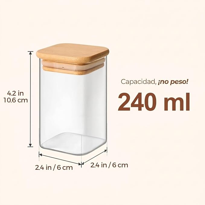 ComSaf Glass Spice Jars with Labels 8 oz 6 Pack Square Bamboo Lids | Empty Containers, Seasoning Herbs Powders, Salt Pepper Chili, Kitchen Cabinet Storage Starter Set, Dry Goods