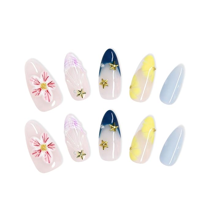 Handmade Press on Nails 3D Pink White Flower Fake Nails Salon Quality Medium Almond Acrylic Nail French Summer Starfish False Nails Designs Full Cover Stick on Nail for Women（Size S）