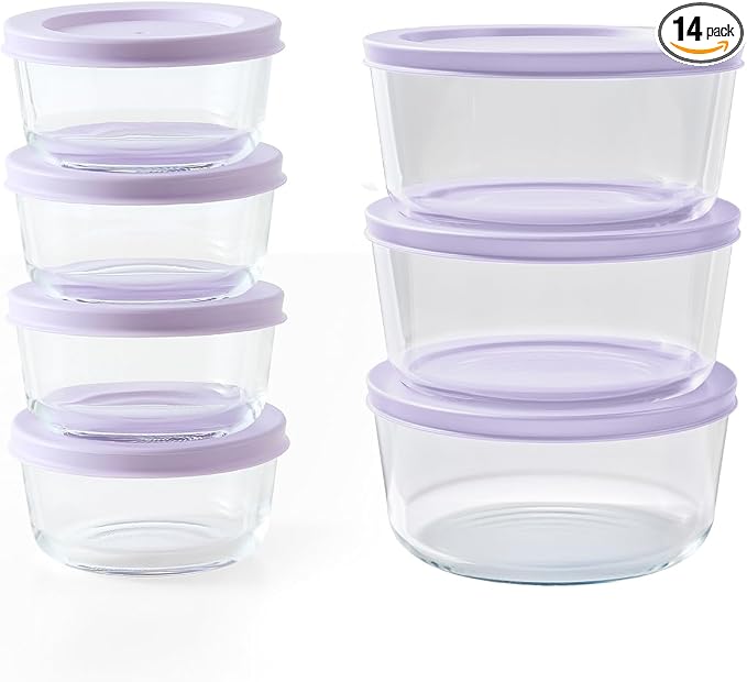 14-Piece Glass Food Storage Containers Set (7 Containers + 7 BPA-Free Lids) | 1-Cup & 4-Cup, Leakproof | Microwave, Freezer, Oven & Dishwasher Safe | Ideal for Meal Prep & Pantry Organization, Purple
