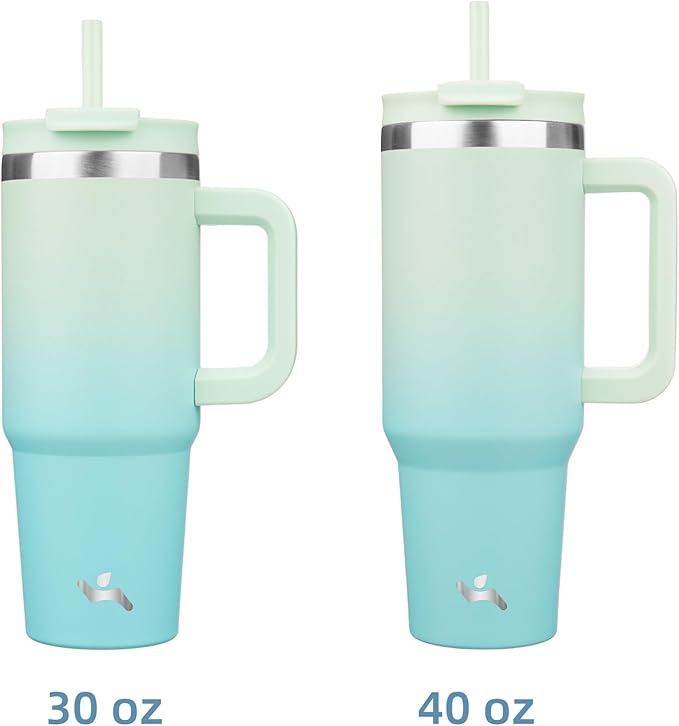Konokyo 40 oz Insulated Tumbler Water Bottle with Handle, Straw Lid | BPA-free and dishwasher safe; made for gym, travel, coffee and gifting, 2 straws, cup holder friendly,Mint