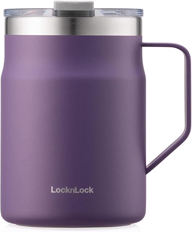 LocknLock Metro Mug, Premium 18/8 Stainless Steel Metal, Double Wall Insulated, Portable Coffee Cup with Lid and Handle for Hot and Cold Drinks, Purple, 16 oz