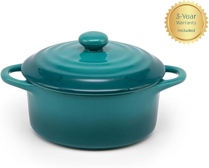 Kook Ceramic Mini Cocotte Set, Small Casserole Dishes with Lids and Handles, Individual Baking Ramekins, Oven Safe 350F, Microwave & Dishwasher Safe, Stoneware, 12 oz, Set of 4, (Aqua Ombre)