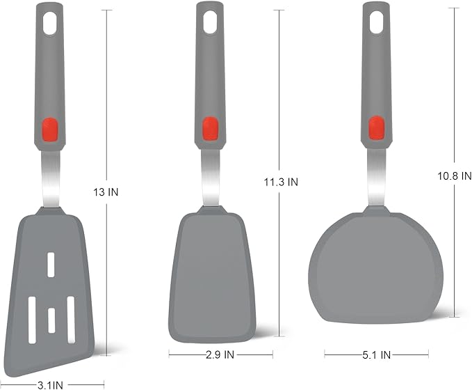 Beijiyi Silicone Spatula Turner Set of 3, 600°F Heat Resistant (Gray) | Flexible Spatulas for Nonstick Cookware, Cooking, Flipping, Egg & Pancake, BPA Free Kitchen Utensils, Dishwasher Safe