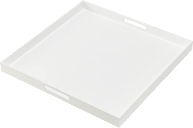 Oversize Extra Large King Size Bed Tray for eating Big Glossy White Acrylic Serving Tray with Handles 24x24 Inch -Spill Proof- Decorative Countertop Organizer for Ottoman,Bed,Party, Butler Tray