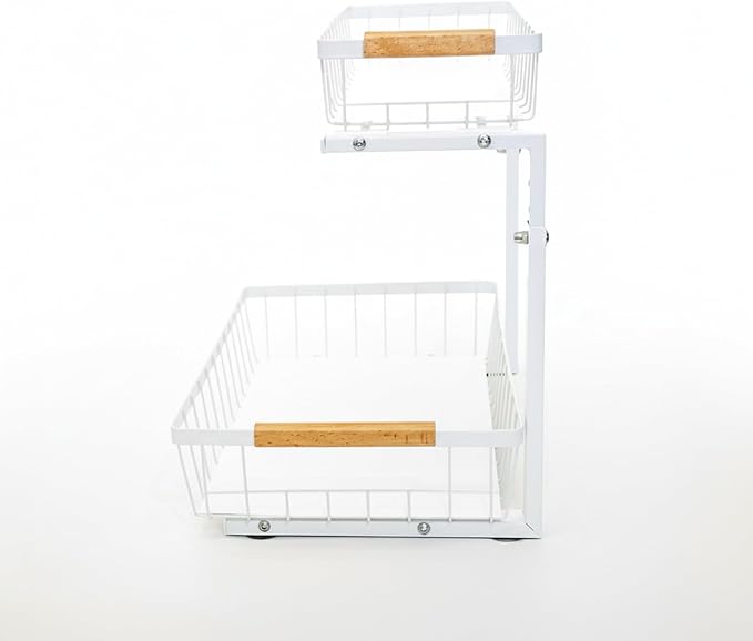 Under Sink Organizer, 2 Tier Pull Out Cabinet Organizers and Storage for Kitchen Bathroom Pantry Laundry, Adjustable Height, Slide Out Thickened Metal Storage Shelf (White, 1 Pack)