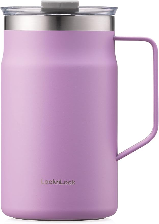 LocknLock Metro Mug Premium 18/8 Stainless Steel Double Wall Insulated with Handle Perfect for table with Lid, Lavender, 20 oz