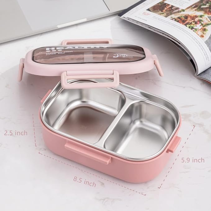 Lille Home 28oz Stainless Steel Leakproof 2-Compartment Bento Lunch Box | Portion Control Metal Lunch Box Food Container with Lunch Bag and Cutlery Set, BPA Free (Pink)