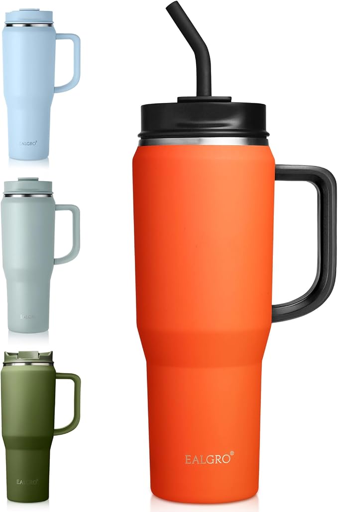 EALGRO 40 oz Tumbler with Handle, Insulated Tumblers with Lid and Straw | Leakproof Large Metal Sports Water Bottle Jug, Stainless Steel Travel Coffee Mug, Double Wall Vacuum Thermal Cup, Orange Red