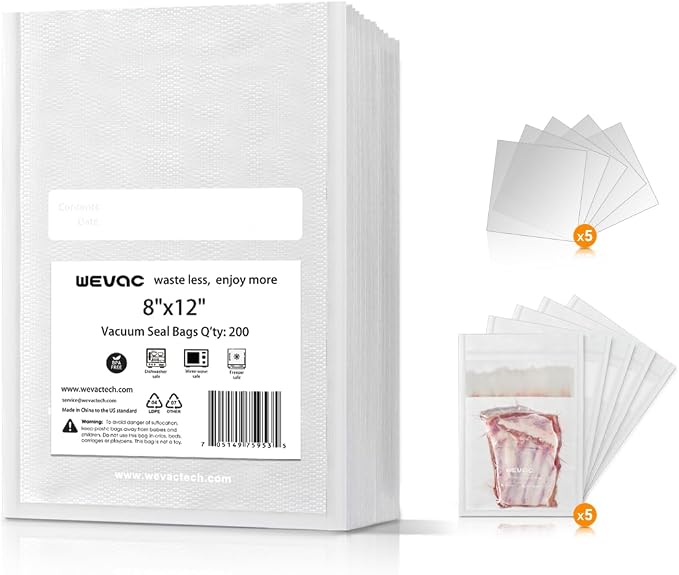 Wevac Vacuum Sealer Bags 8x12" 200 Quart for Food Saver, Suction Channel