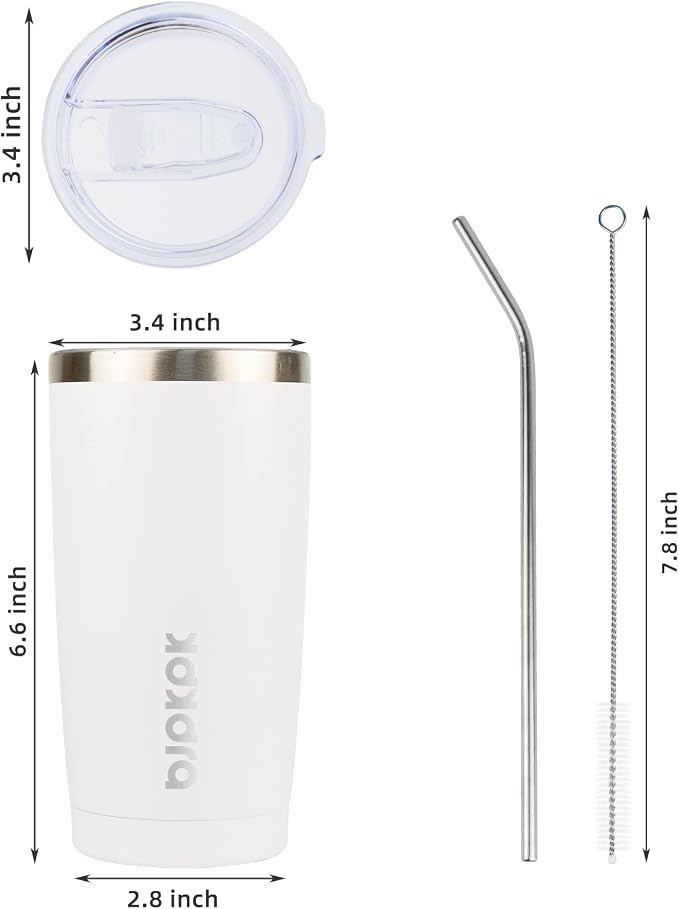 BJPKPK 20oz Coffee Tumbler with Lid & Straw, Insulated Stainless Steel Mug | Double Wall Vacuum, Keeps Hot/Cold, BPA Free, Leak Proof, Iced Coffee Cup Fit Car Holder, Travel & Beach, White