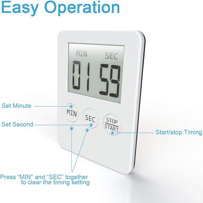Attom Tech 2 Pack Slim Digital Kitchen Timer Magnetic Countdown for Cooking | Large Display With Loud Alarm, Count Up Stopwatch For Egg Timer Baking Classroom Gym, 99 Min, Easy To Use, White