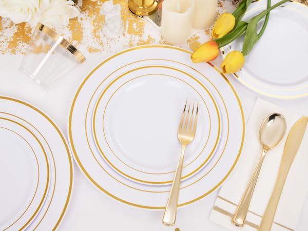 GATHER 176PCS White and Gold Plastic Plates for Wedding and Party | Gold Disposable Plates include 50 Plates, 75 Silverware, 25 Napkins, 25 Cups, 1 Tablecloth for Bridal Shower
