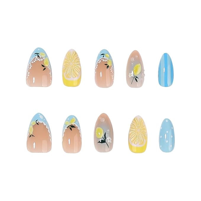 Summer Lemon Press on Nails Short Almond Shape Fake Nails with 3D Lemon Floral Design Blue French Tip Glue on Nails Cute Fruit Beach Acrylic Nail Tips Full Cover False Nails for Women 24Pcs