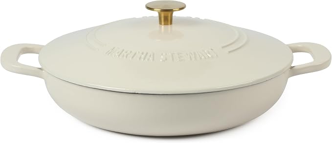 Martha Stewart Gatwick 3.5-Quart Enameled Cast Iron Dutch Oven Braiser – Linen with Gold Knob – Durable Heavy-Duty Braising Pot for Slow Cooking and Searing