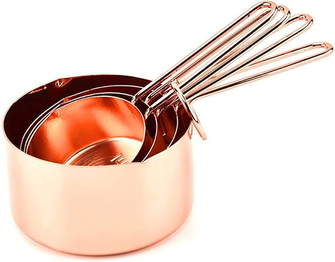 Copper Stainless Steel Measuring Cups and Spoons Set of 8 Engraved Measurements, Pouring Spouts & Mirror Polished for Baking and Cooking Include Magnetic Measurement Conversion Chart by KAISHANE | Engraved measurements, dual pour spouts and magnetic co...
