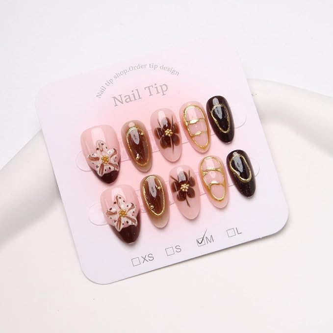 3D Flower Press On Nails Medium Almond Fake Nails Nude Brown Nails with Floral & Gold Pearl Design Full Cover False Nail Tips Chrome Line Vintage Fall Glue on Nails for Women Acrylic Manicure 30Pcs