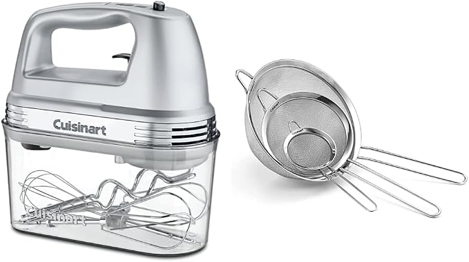 Cuisinart HM-90BCS Power Advantage Plus 9-Speed Handheld Mixer with Storage Case, Brushed Chrome & Set of 3 Fine Mesh Stainless Steel Strainers