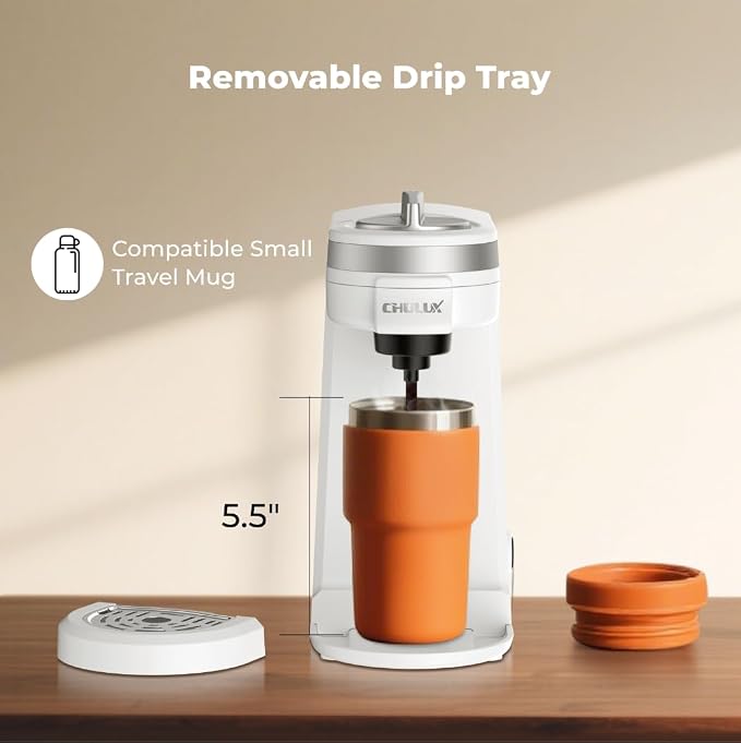 CHULUX Mini Single Serve Coffee Maker, Portable Pod Coffee Machine, White | Fast-Heating Boiler System, Single Cup Brewing, Portable Compact Design, Four-Hole Multi-Stream Needle, Adjustable Drip Tray