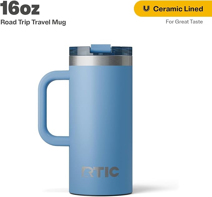 RTIC 20oz Road Trip Travel Mug with Lid and Handle, Insulated, Stainless Steel, Metal, Double Wall Vacuum-Insulation, Ceramic Lined, Portable Coffee, Tea Cup for Hot and Cold Drink, Denim