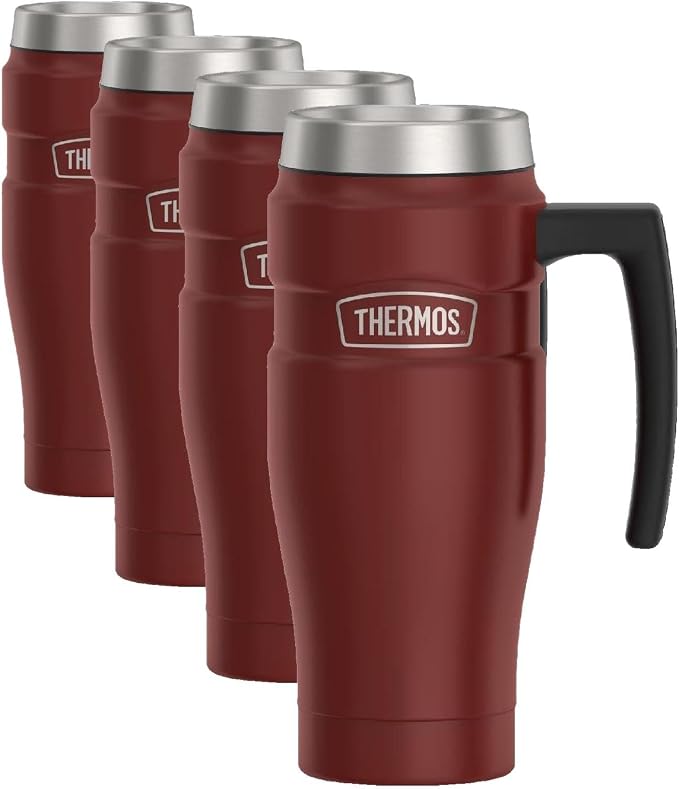 THERMOS Stainless King Vacuum-Insulated Travel Mug with Handle - 16oz, Rustic Red, Thermos Tumbler for Hot/Cold Drinks, Leak-Proof & Sweat-Proof Stainless Steel Coffee Mug with Lid (Pack of 4)