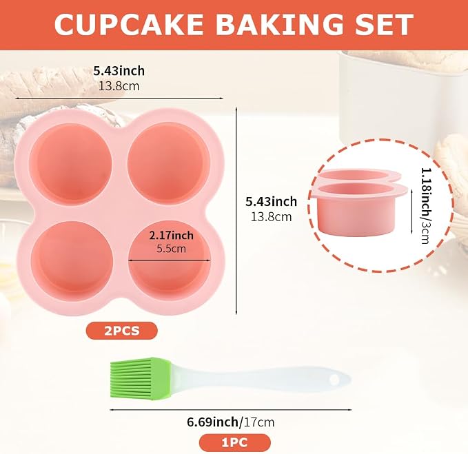 Reusable Silicone Air Fryer Egg Mold, 2 Pcs 4 Cavity Non-Stick Air Fryer Baking Pan with Oil Brush, Silicone Muffin Pans Muffin Cups for Baking, Hamburger Bun Pan(pink,blue)