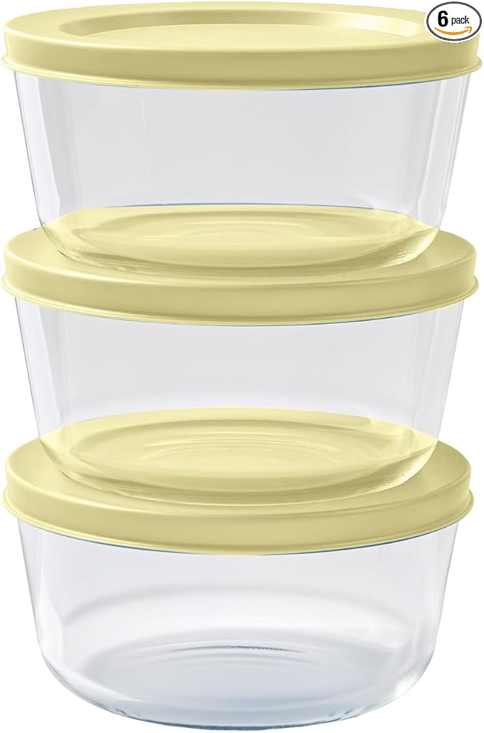 6-Piece Glass Food Storage Containers Set (3 Containers + 3 BPA-Free Lids) | 2-Cup, Leakproof | Microwave, Freezer, Oven & Dishwasher Safe | Ideal for Meal Prep & Pantry Organization, Yellow