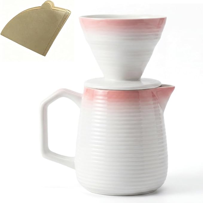 pour over coffee maker - Ceramic Dripper Pot, Heat-Resistant & Easy Clean | Manual Slow Drip Coffee Brewer for Office, Home, Camping 1-3 Cup Pour 20 coffee filters (pink)