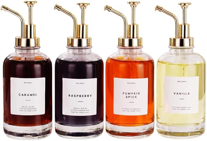 Coffee Syrup Dispenser for Coffee Bar, Coffee Pump Dispenser, Glass Syrup Bottle w. Pump, Maple/Coffee Syrup Bottles, Set of 4 w. Labels, Gold
